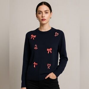 Chic Navy Sweater with Red Bow Accents